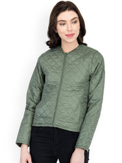 Kotty Women Olive Green Self Design Quilted Jacket