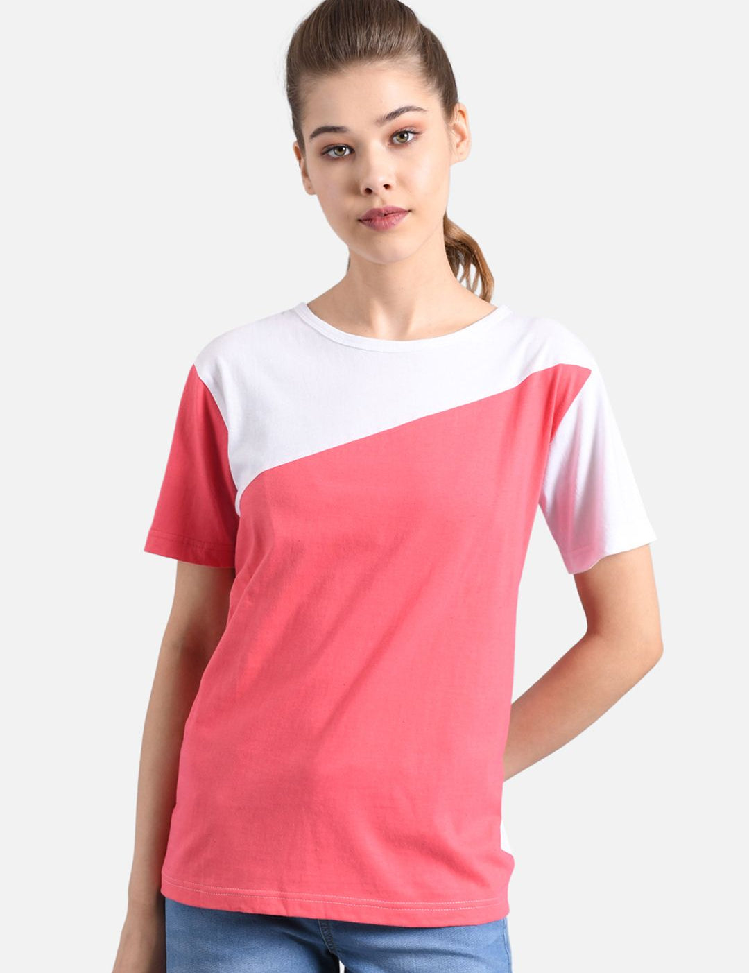 Kotty Women Coral Pink & White Colourblocked Boat Neck T-shirt