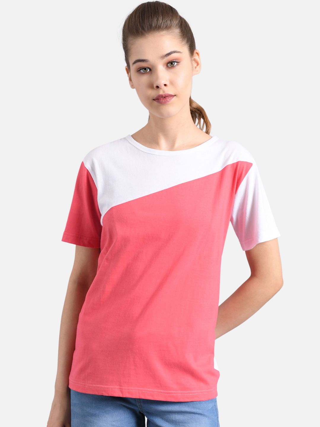 Kotty Women Coral Pink & White Colourblocked Boat Neck T-shirt