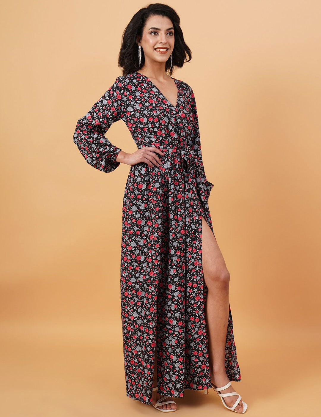 Kotty Black & Red Floral Printed V Neck Puff Sleeves Crepe A Line Maxi Dress