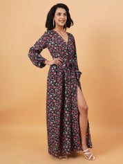 Kotty Black & Red Floral Printed V Neck Puff Sleeves Crepe A Line Maxi Dress