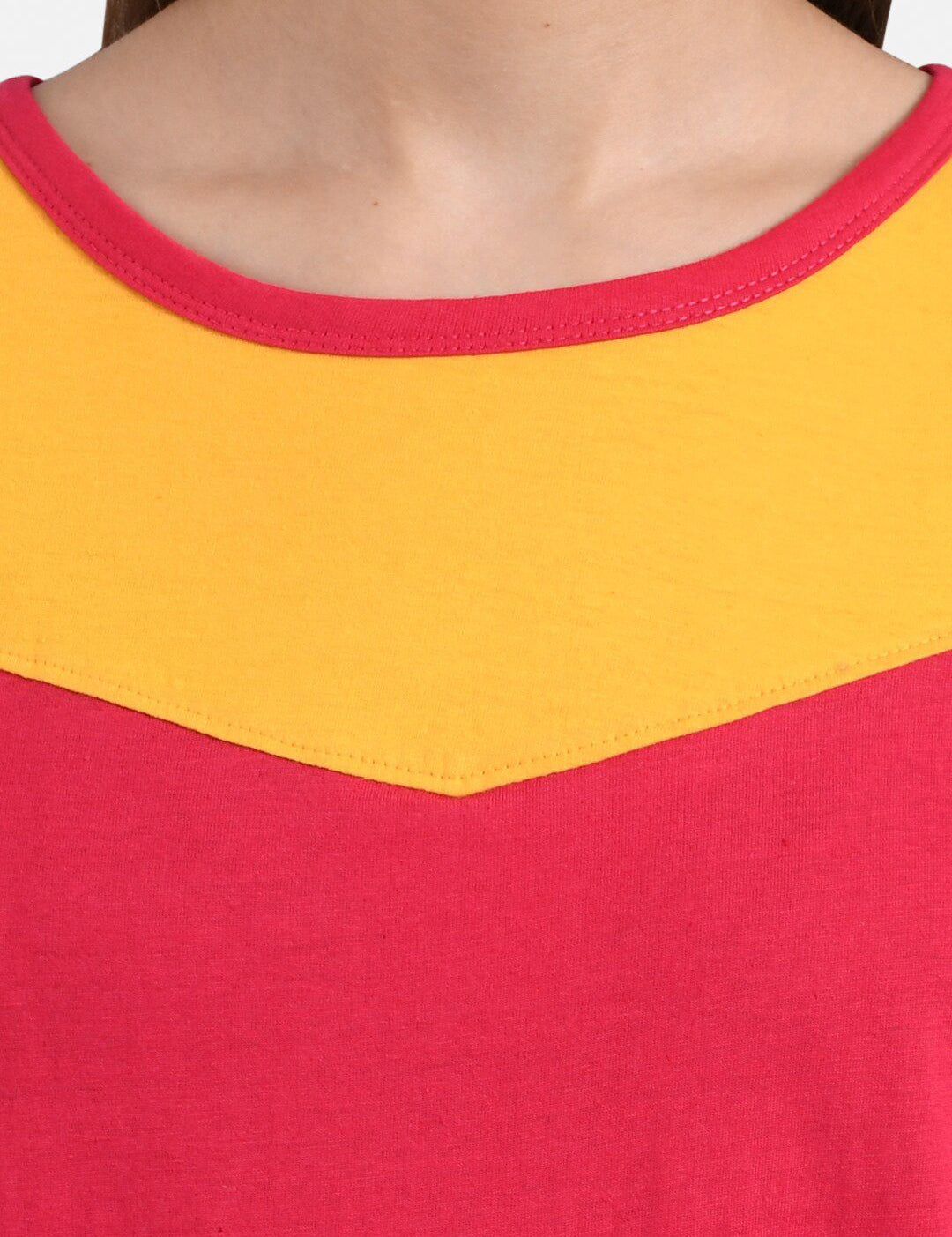 Kotty Women Pink & Mustard Yellow Colourblocked Boat Neck T-shirt