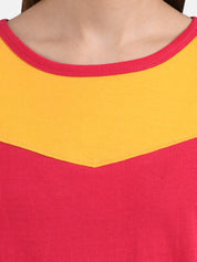 Kotty Women Pink & Mustard Yellow Colourblocked Boat Neck T-shirt