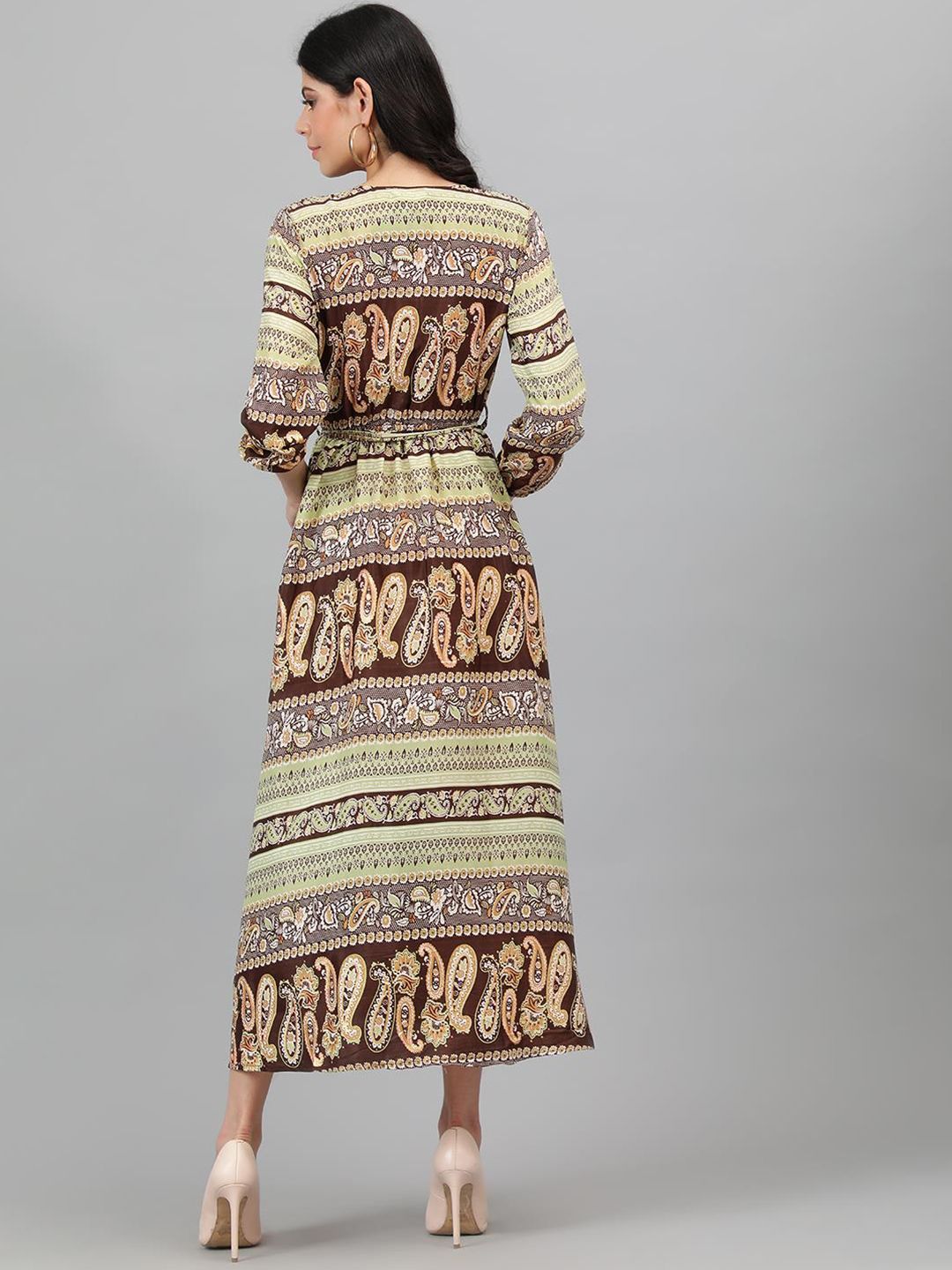 Kotty Brown & Yellow Ethnic Motifs Printed Wrap Maxi Dress