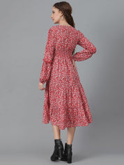 Kotty Floral Printed Puff Sleeve Layered Crepe Fit & Flare Midi Dress