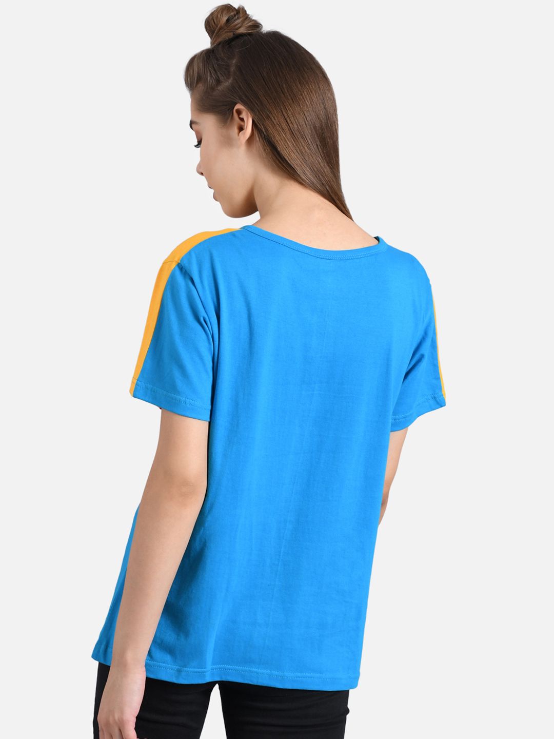 Kotty Women Blue & Yellow Colourblocked Round Neck T-shirt