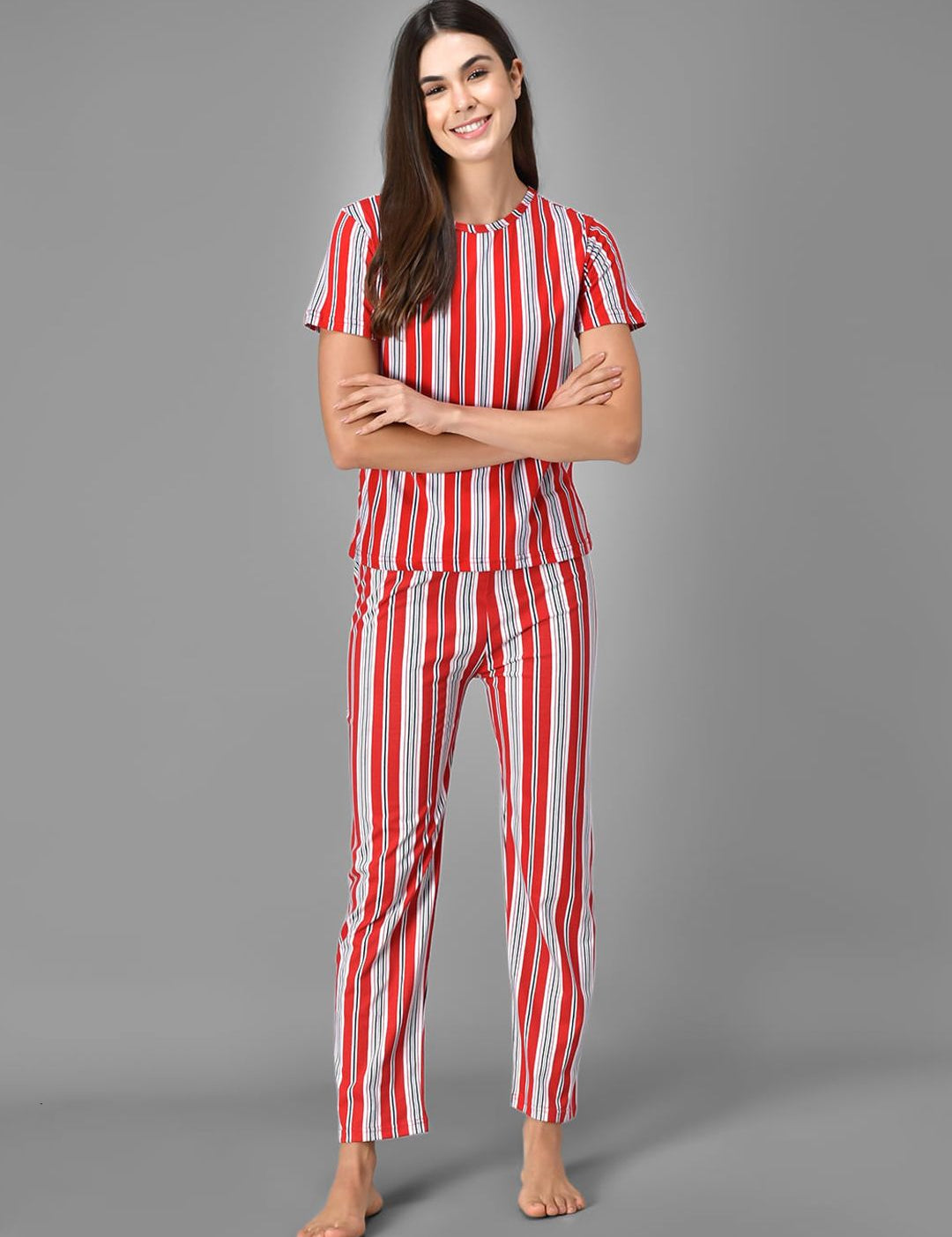 Kotty Women Red & White Striped Night Suit