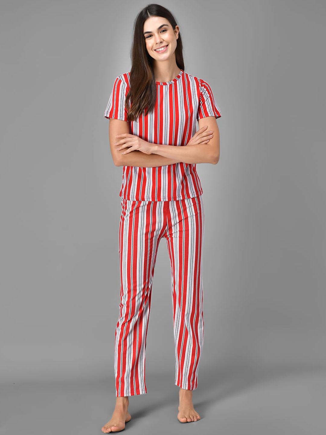 Kotty Women Red & White Striped Night Suit