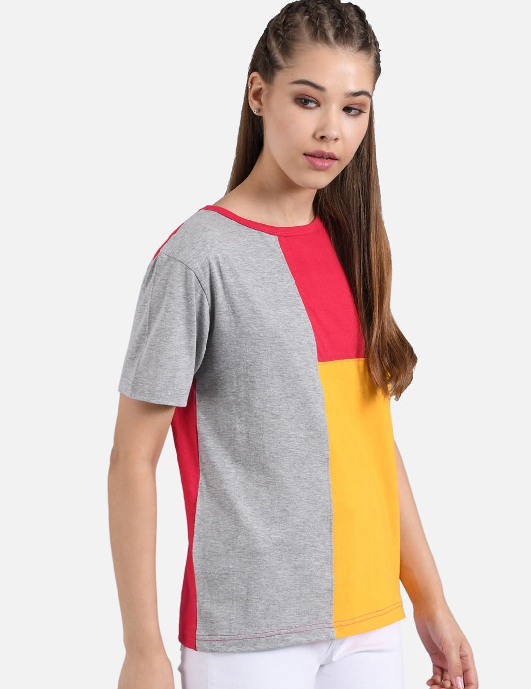 Kotty Women Red And Yellow Colourblocked Round Neck T-shirt