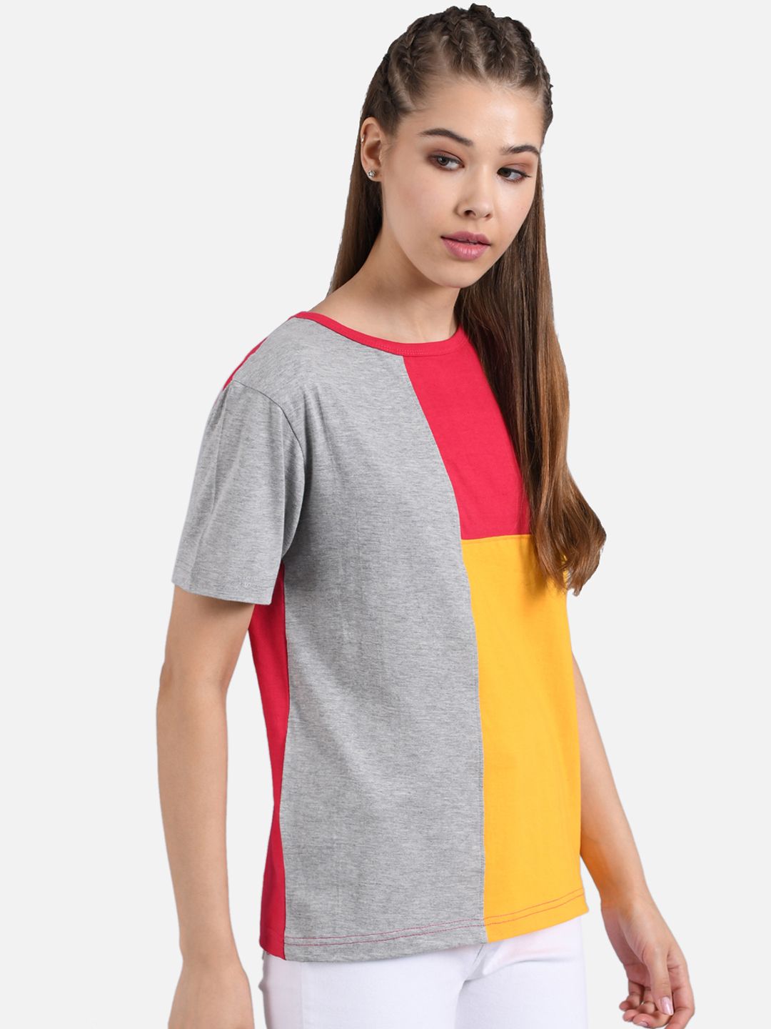 Kotty Women Red And Yellow Colourblocked Round Neck T-shirt