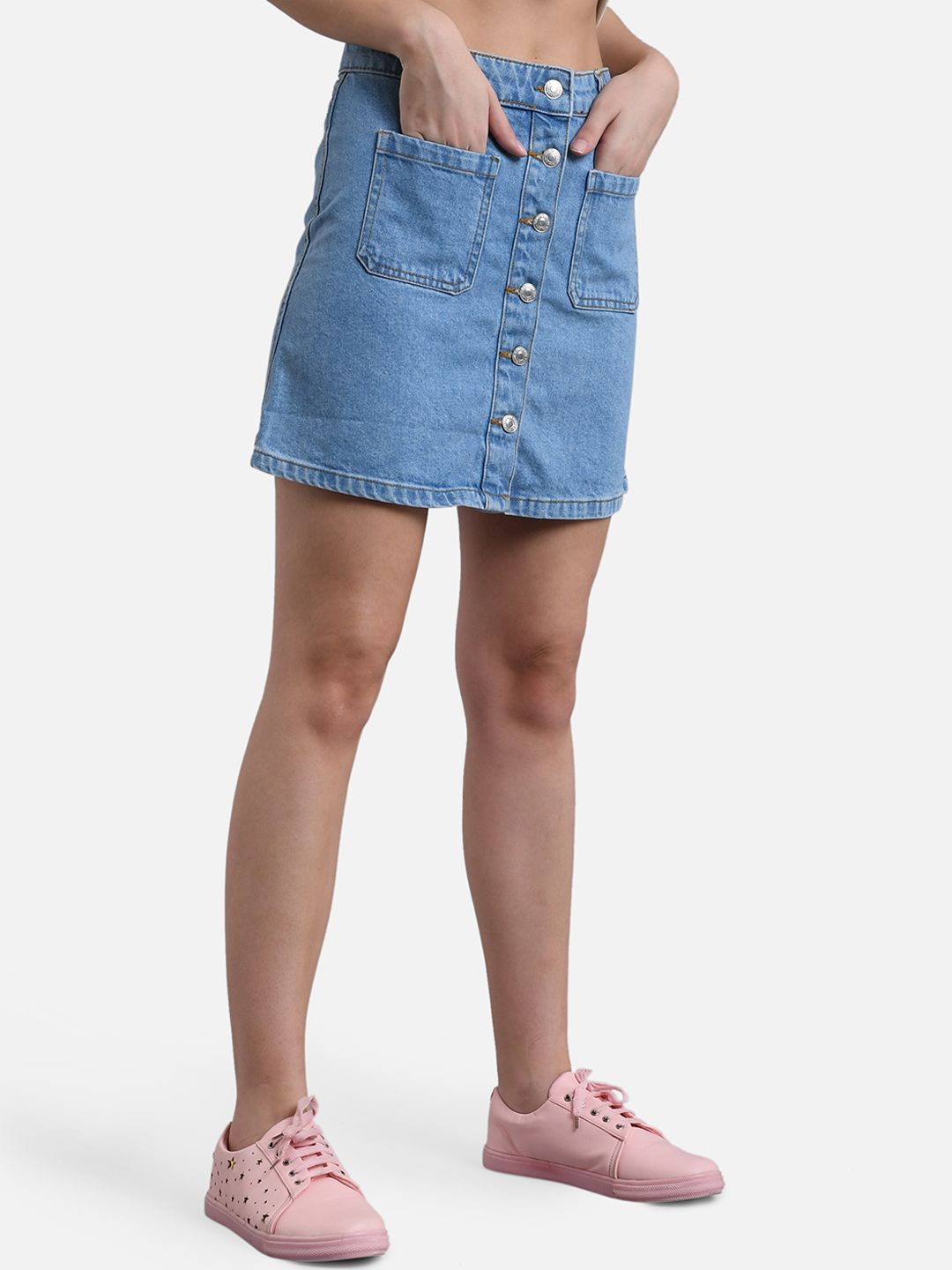 Kotty Women Blue Solid Denim Mini A-Line Skirt