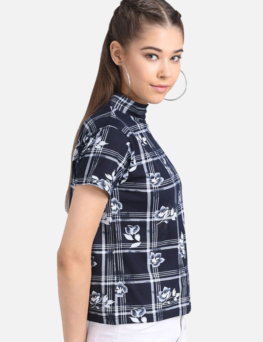 Kotty Women Navy Blue & White Floral Checked Pure Cotton Top