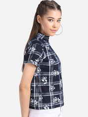 Kotty Women Navy Blue & White Floral Checked Pure Cotton Top
