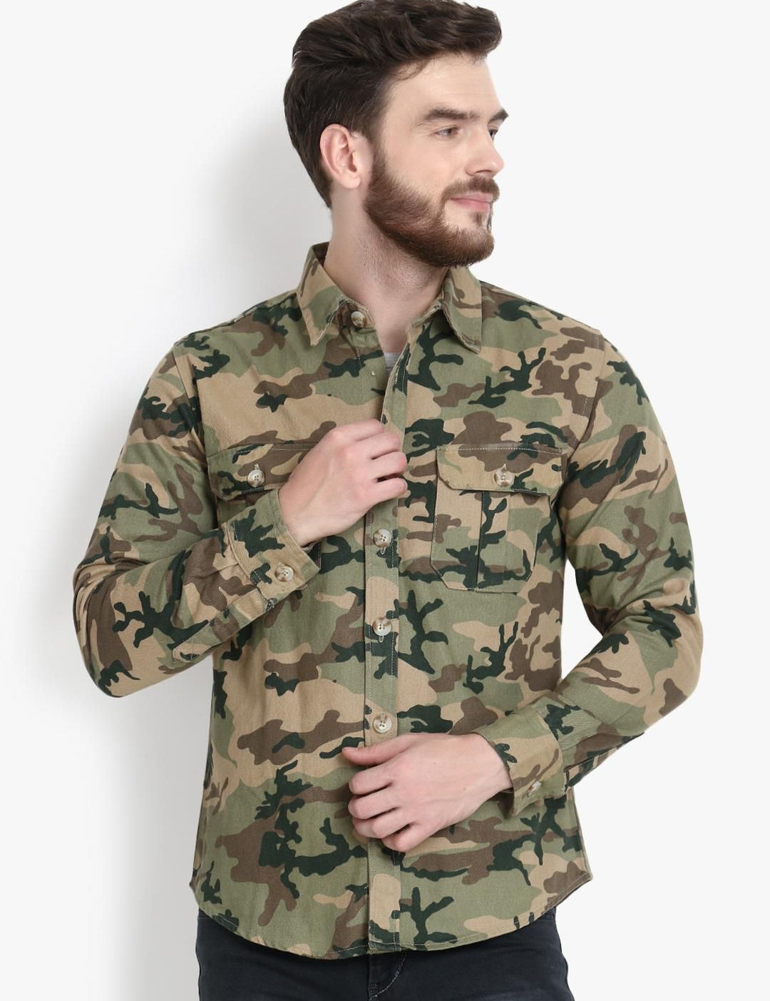 Kotty Men Olive Green Regular Fit Printed Casual Shirt