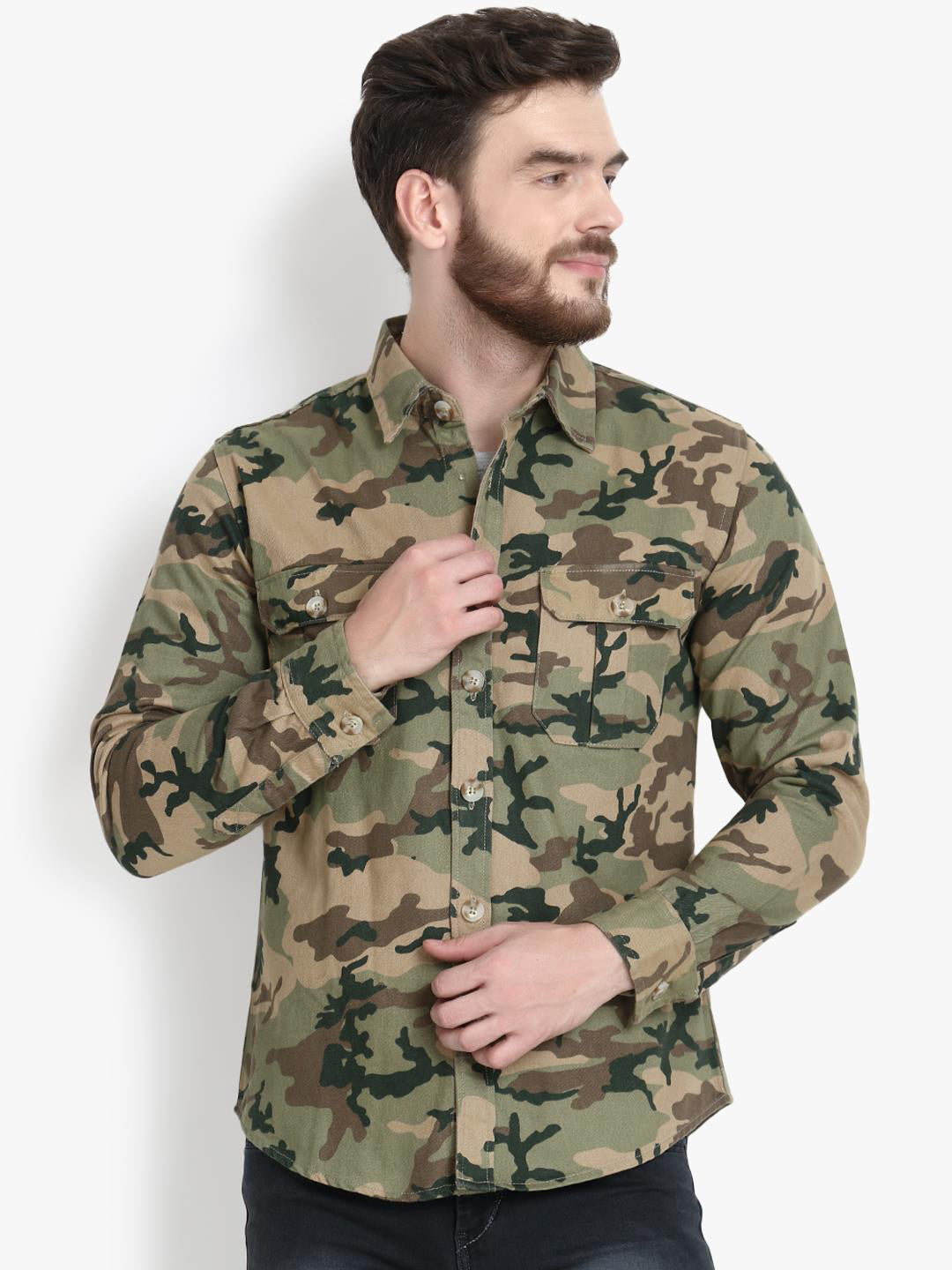 Kotty Men Olive Green Camouflage Printed Jacket