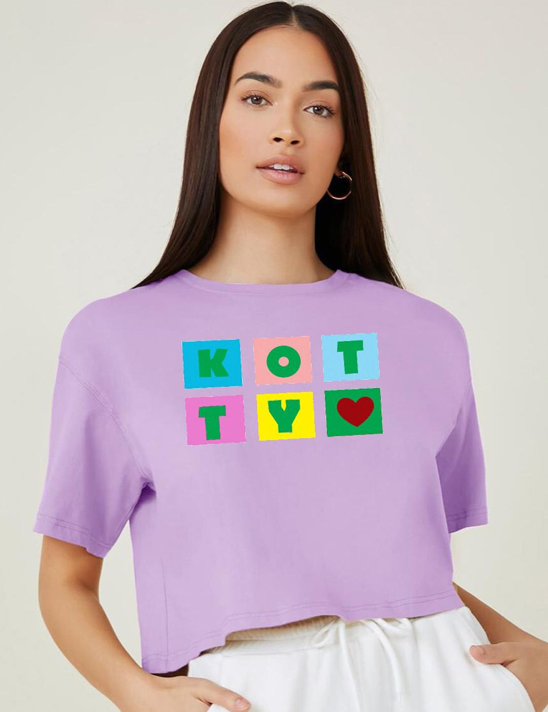 Kotty Purple Printed Round Neck Drop-Shoulder Sleeves Crop Oversized T-shirt