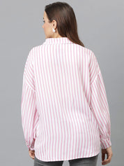 Kotty Women Spread Collar Vertical Striped Cotton Oversized Casual Shirt