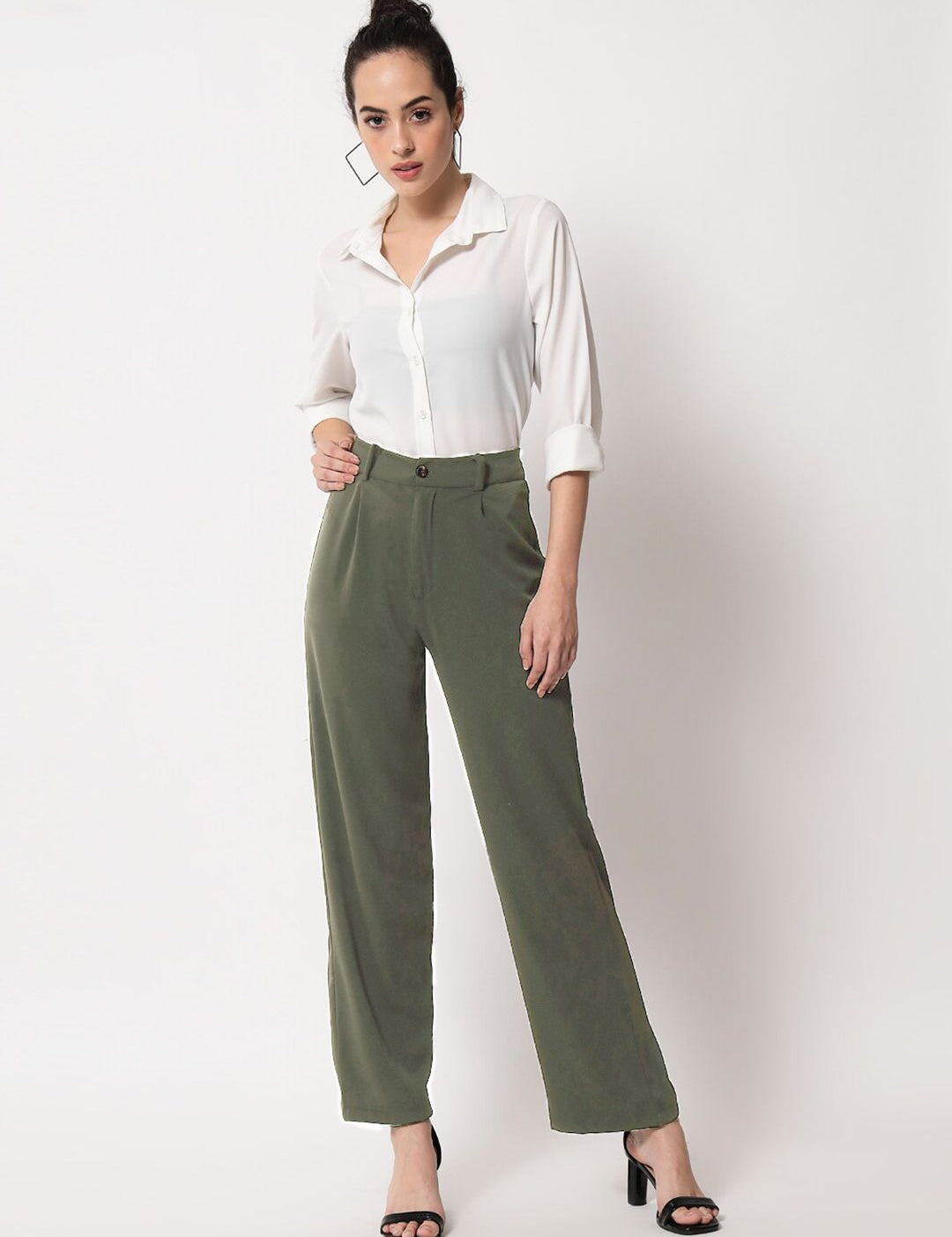 KOTTY BIZwear Women Green Relaxed Straight Leg Straight Fit High-Rise Trousers