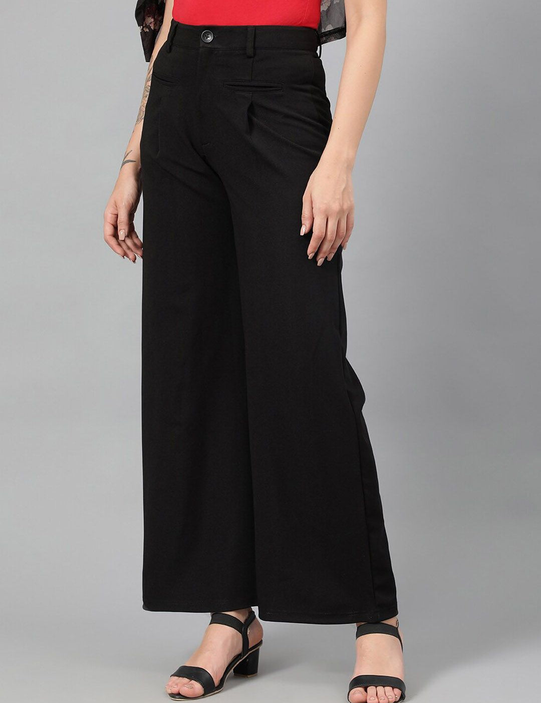 Kotty Women Black Relaxed Straight Leg Fit High-Rise Easy Wash Parallel Trousers