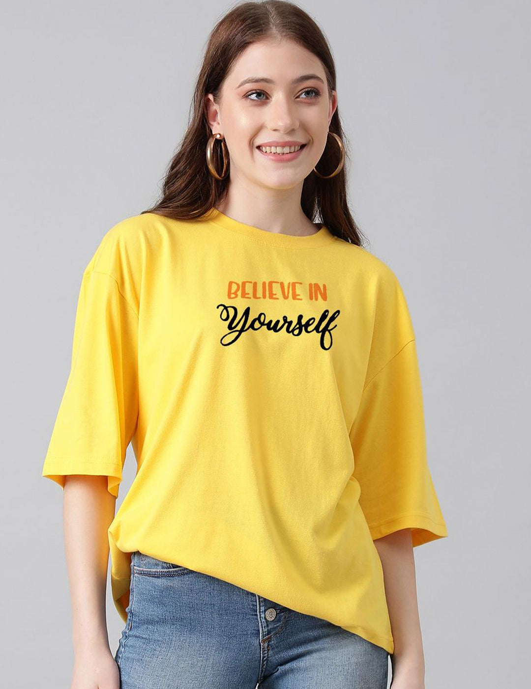 Kotty Yellow Graphic Printed Drop-Shoulder Sleeves Oversized Cotton  T-Shirt