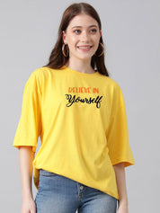 Kotty Yellow Graphic Printed Drop-Shoulder Sleeves Oversized Cotton  T-Shirt