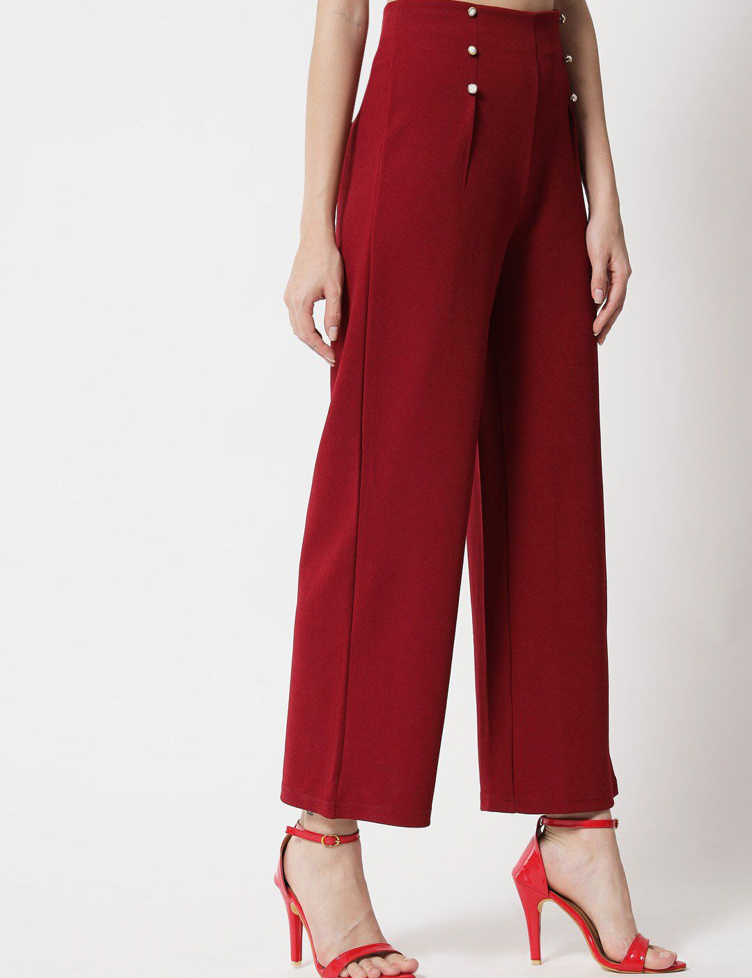 Kotty Women Maroon Relaxed Straight Fit High-Rise Easy Wash Trousers