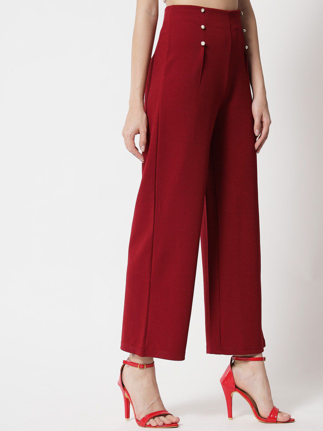 Kotty Women Maroon Relaxed Straight Fit High-Rise Easy Wash Trousers