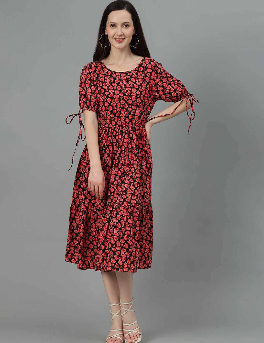 Kotty Red Floral Printed A-Line Midi Dress