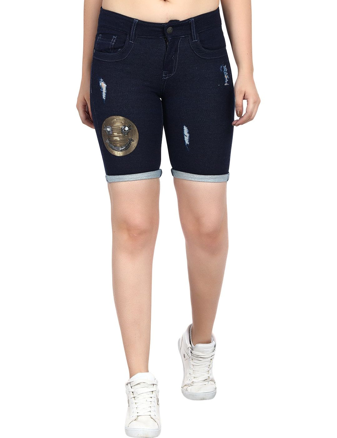 Kotty Women Blue Solid Regular Fit Denim Shorts