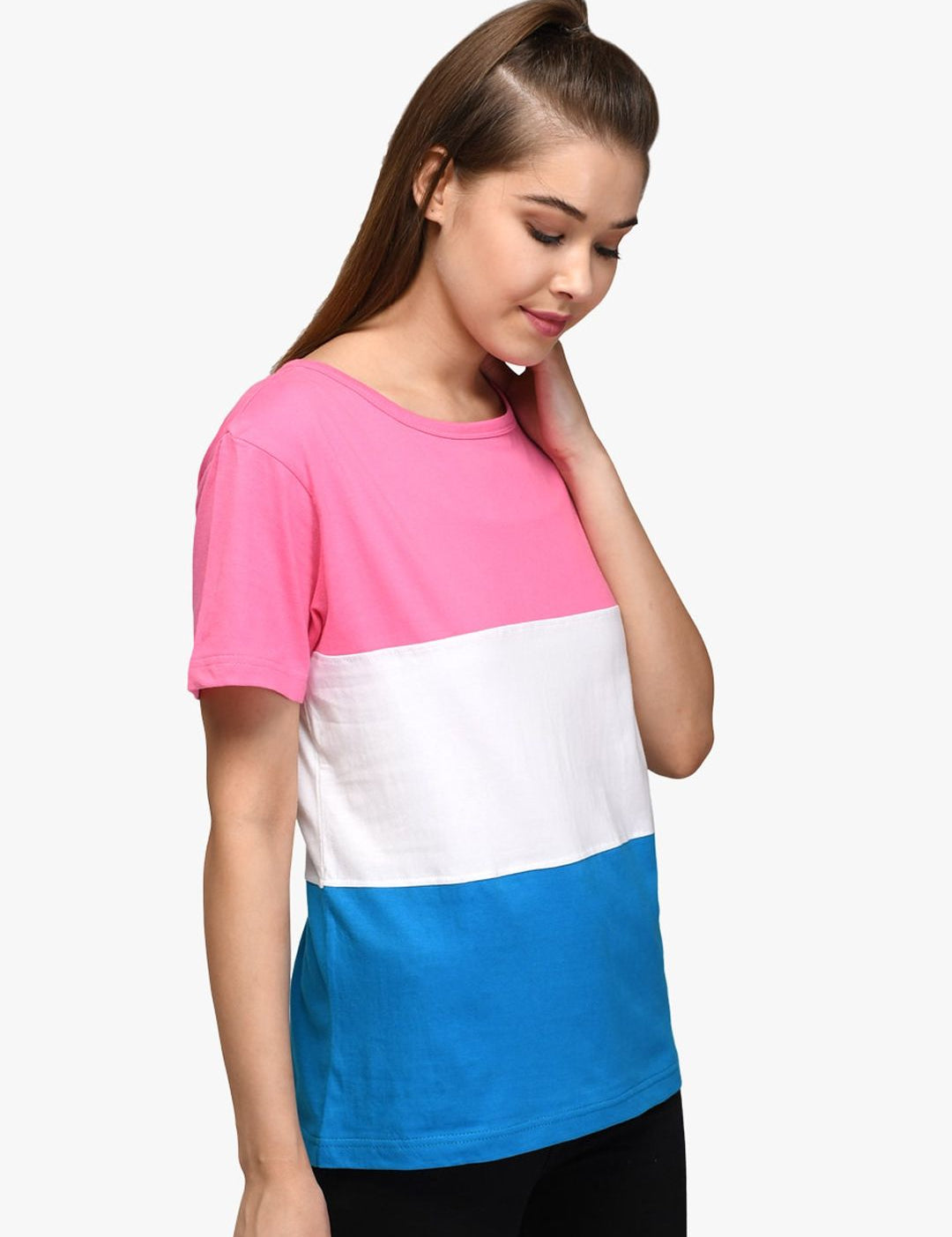 Kotty Women Pink & White Colourblocked Round Neck T-shirt