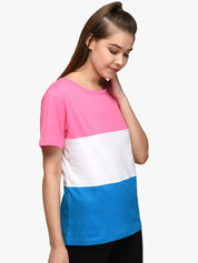 Kotty Women Pink & White Colourblocked Round Neck T-shirt