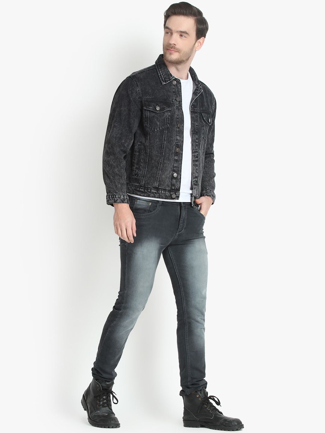 Kotty Men Black Solid Denim Jacket