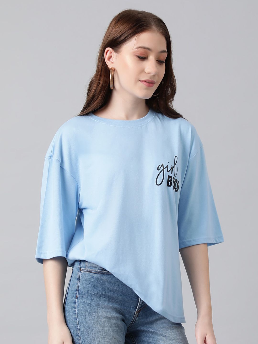 Kotty Typography Printed Drop-Shoulder Sleeves Oversized T-shirt