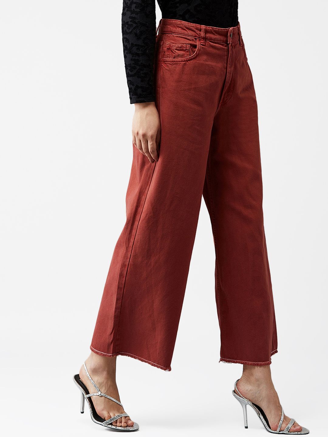 Kotty Women Maroon Wide Leg High-Rise Clean Look Jeans
