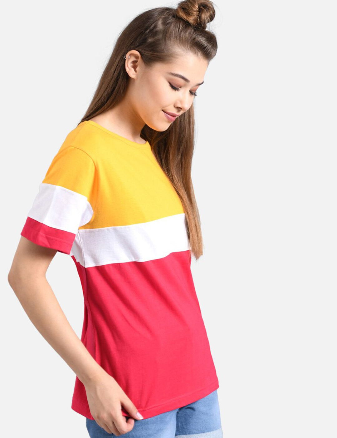 Kotty Women Yellow Colourblocked Round Neck T-shirt