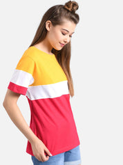 Kotty Women Yellow Colourblocked Round Neck T-shirt