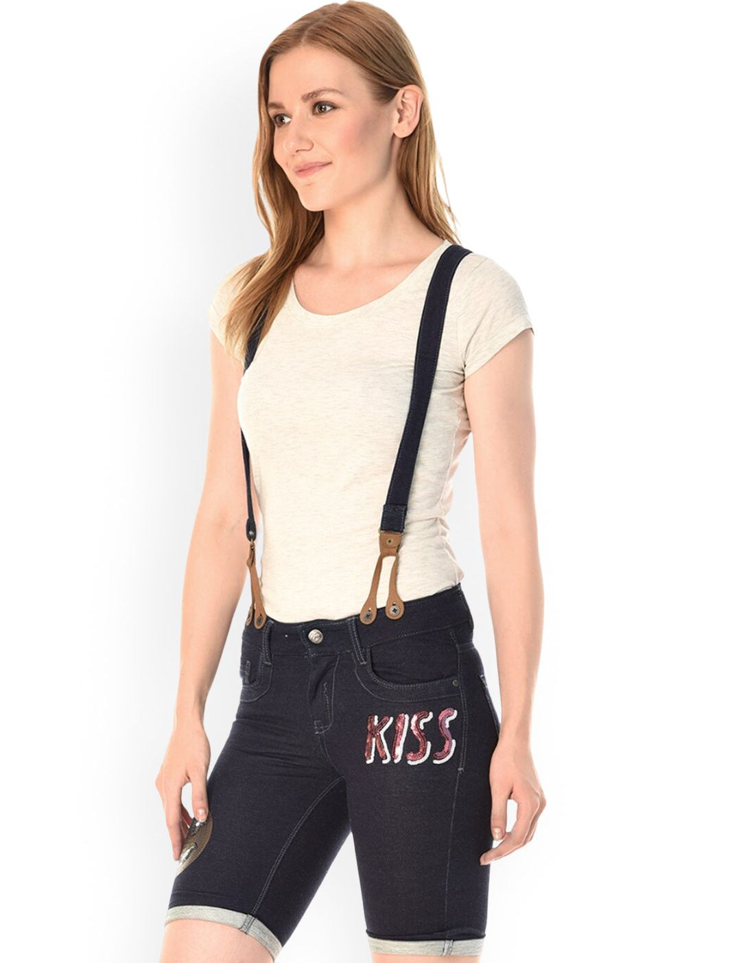 Kotty Women Embellished High-Rise Denim Shorts With Suspenders