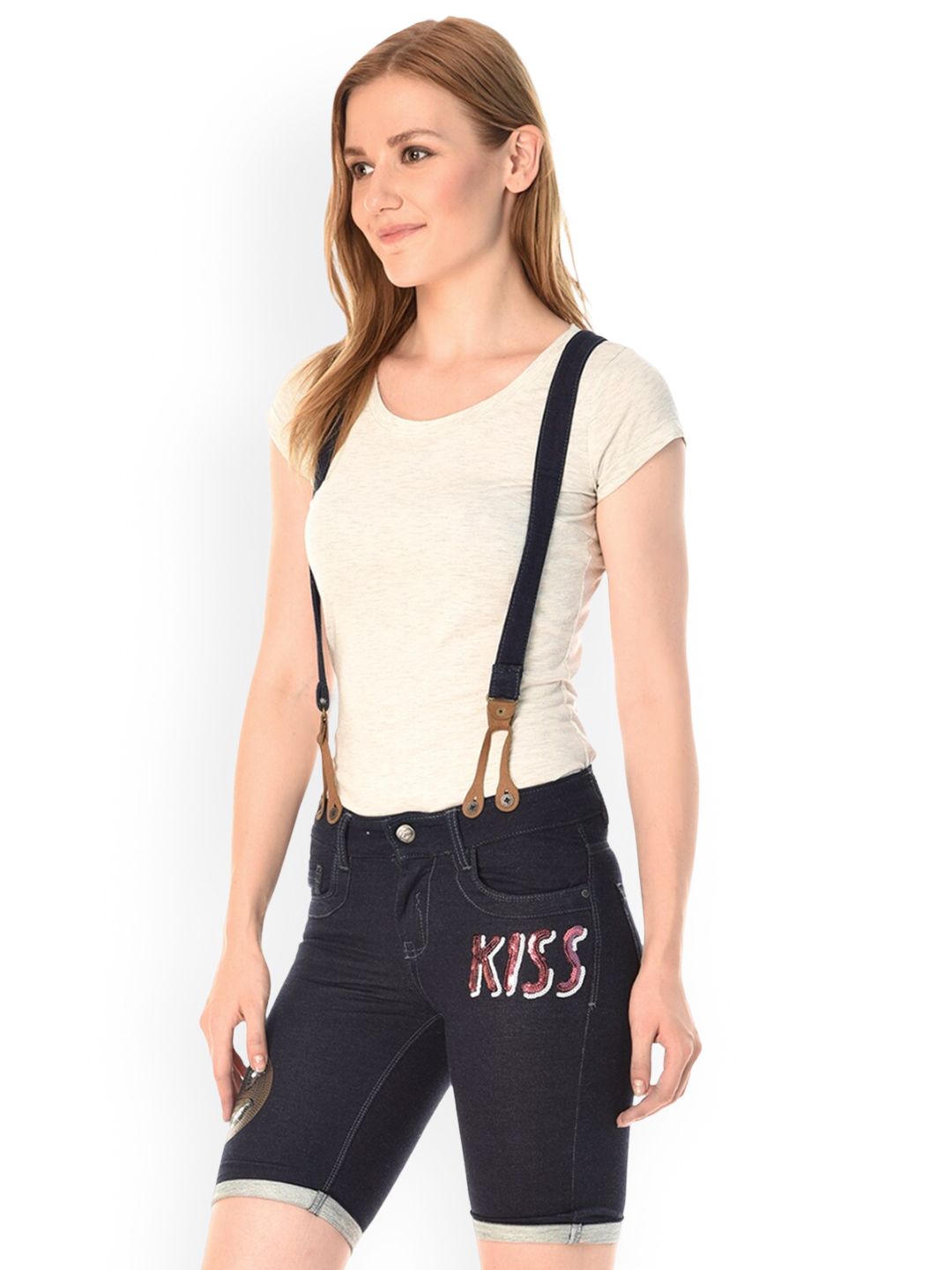 Kotty Women Embellished High-Rise Denim Shorts With Suspenders
