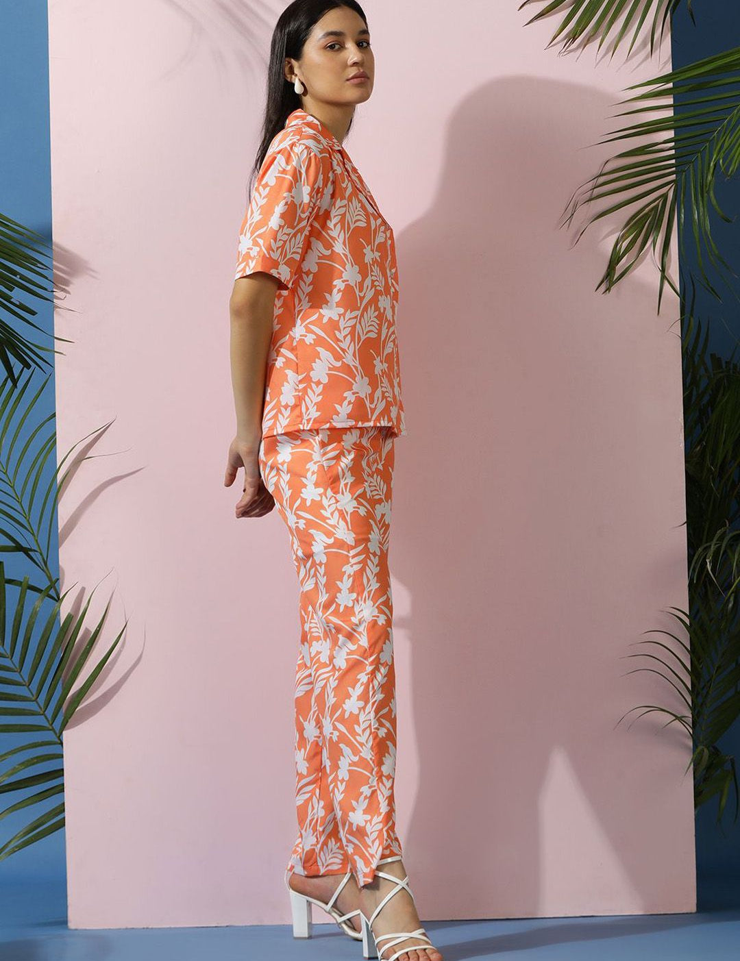 Kotty Orange Floral Printed Shirt Collar Shirt With Trousers  