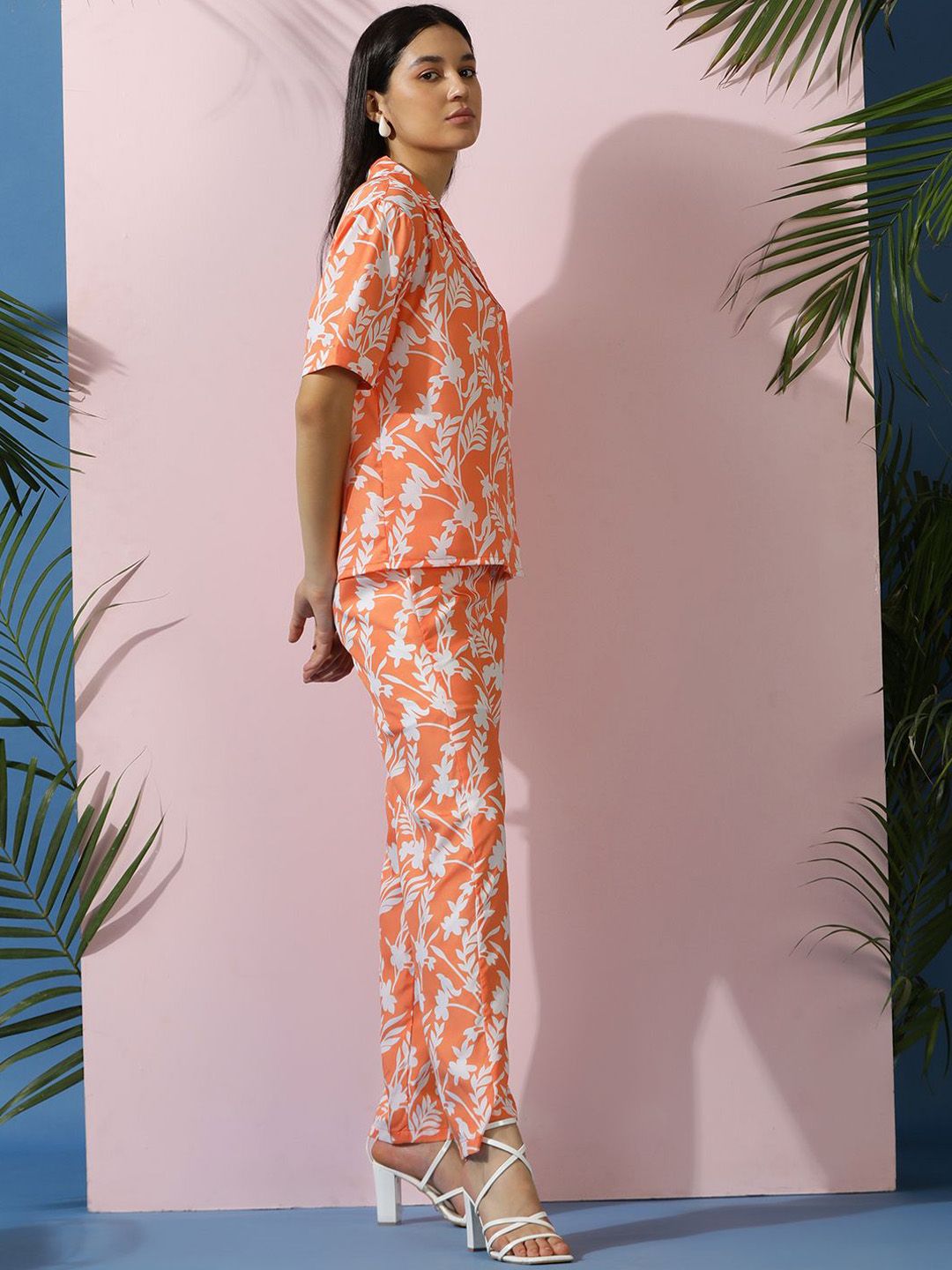 Kotty Orange Floral Printed Shirt Collar Shirt With Trousers  