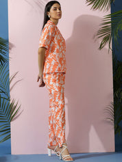 Kotty Orange Floral Printed Shirt Collar Shirt With Trousers  