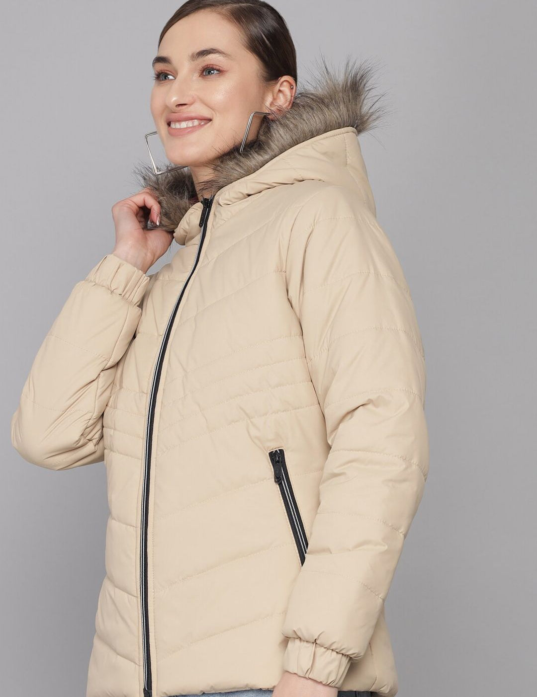 Kotty Women Beige Solid Longline Puffer Jacket