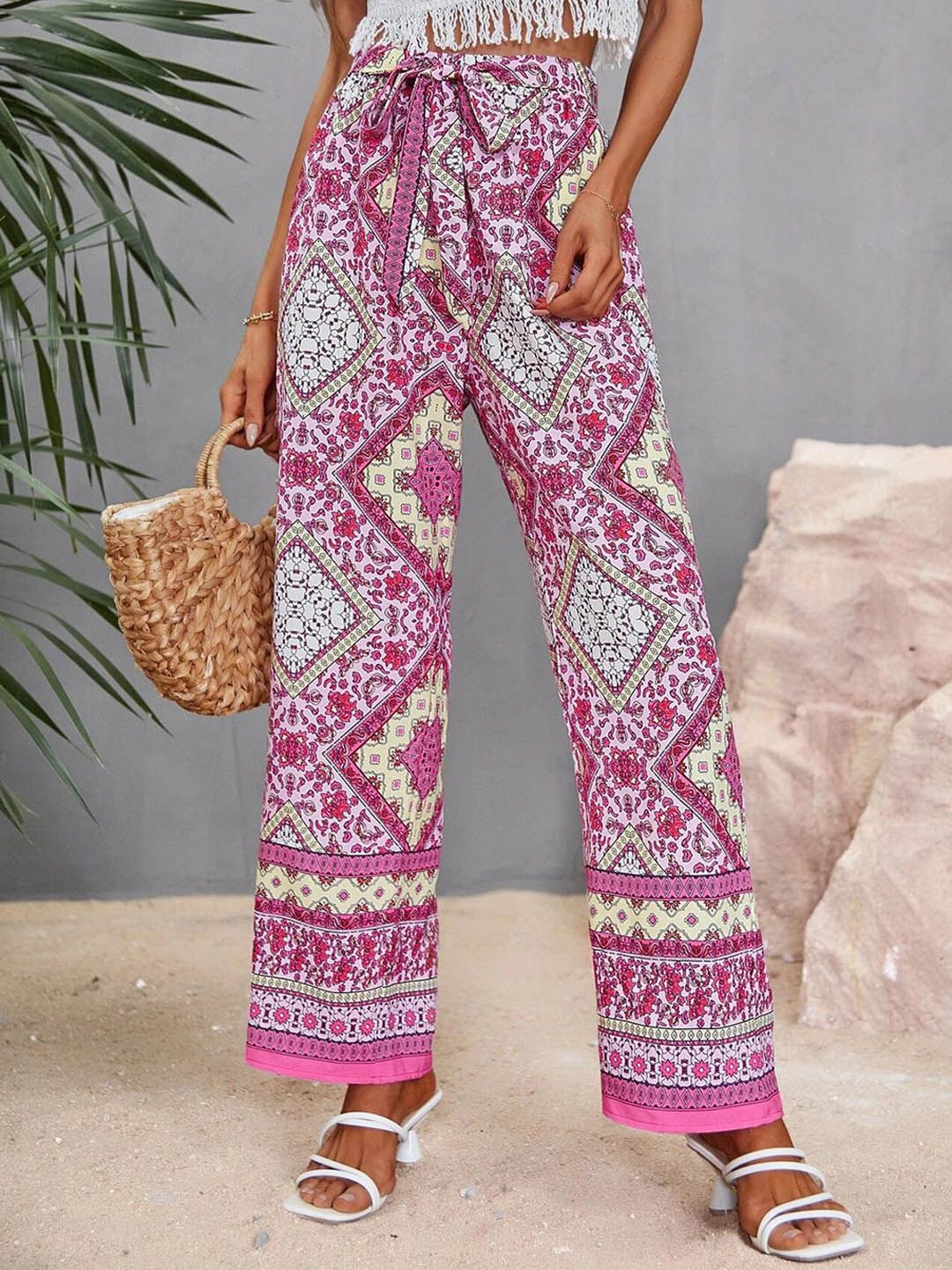Kotty Women Multicoloured Ethnic Motifs Printed Relaxed High-Rise Easy Wash Trousers