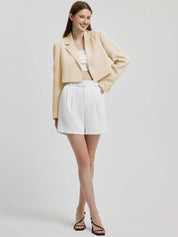 Kotty Beige Crop Notched Lapel Collar Regular Fit Blazer