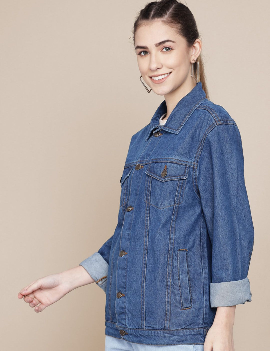 Kotty Women Spread Collar Solid Cotton Casual Denim Jacket
