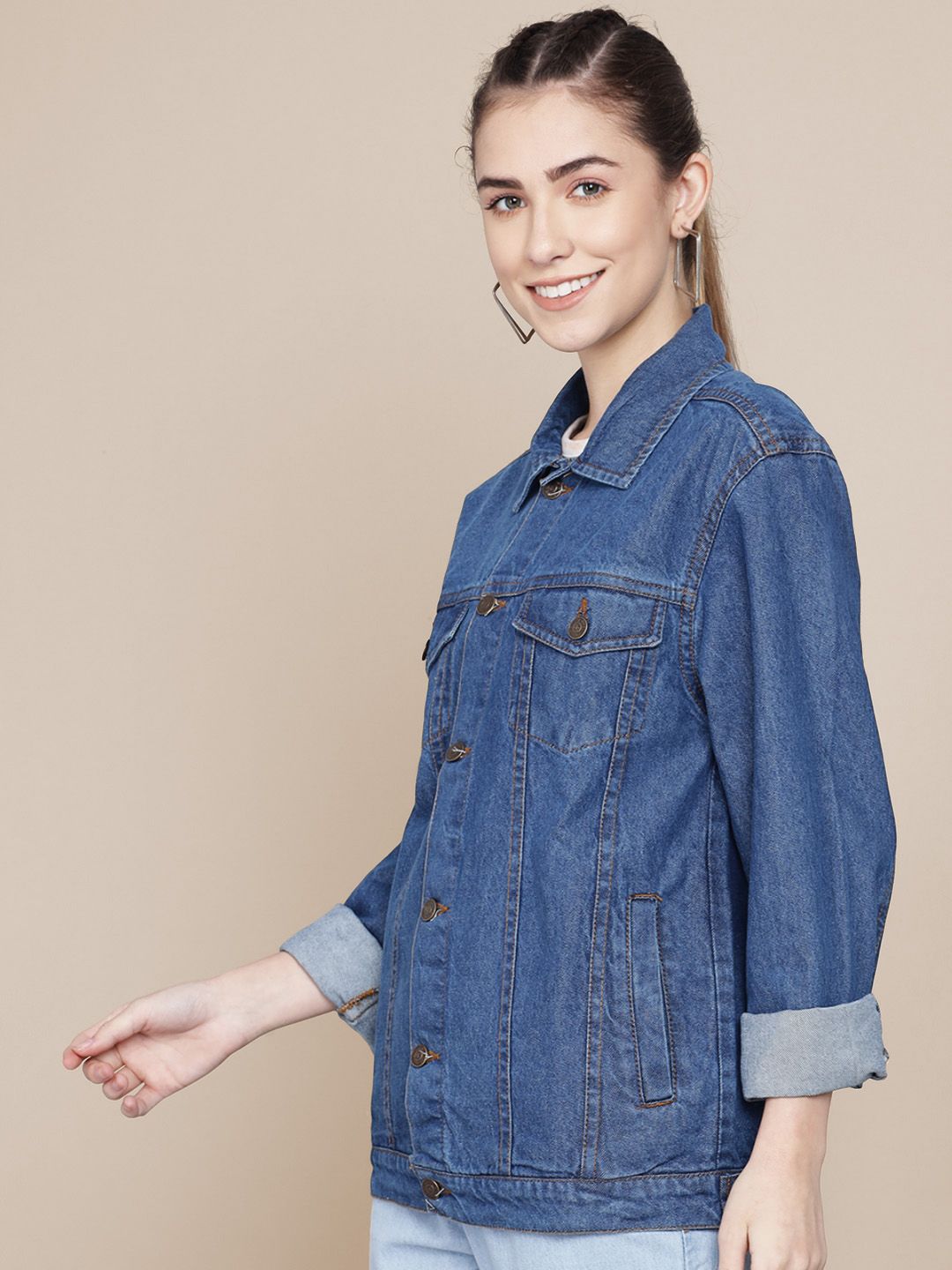 Kotty Women Spread Collar Solid Cotton Casual Denim Jacket