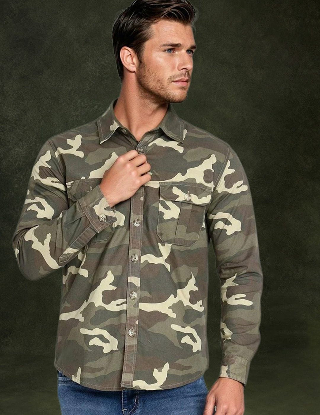 Kotty Men Spread Collar Camouflage Printed Denim Cotton Jacket