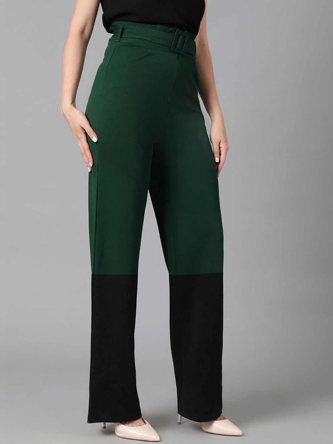 Kotty Women Solid Colourblocked High-Rise Easy Wash Trousers