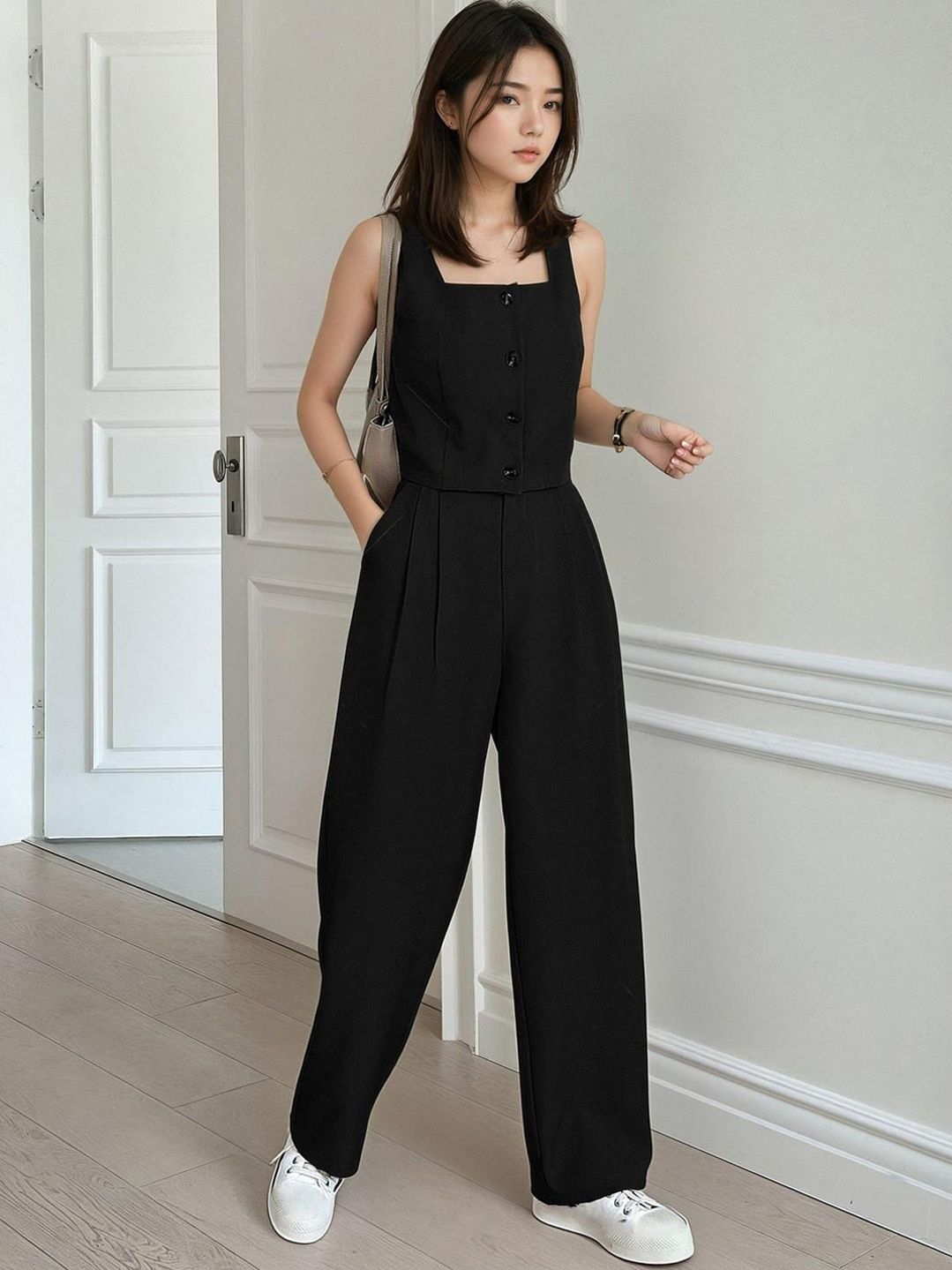 Kotty Black Square Neck Sleeveless Top With Skirt 