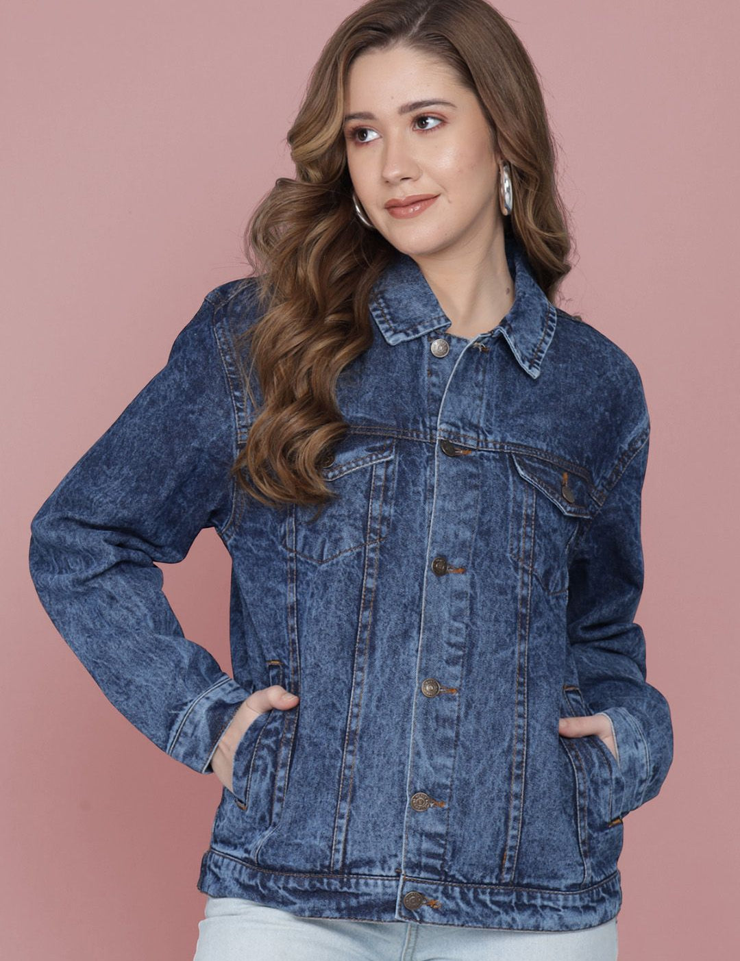 Kotty Women Spread Collar Washed Self Design Cotton Casual Denim Jacket